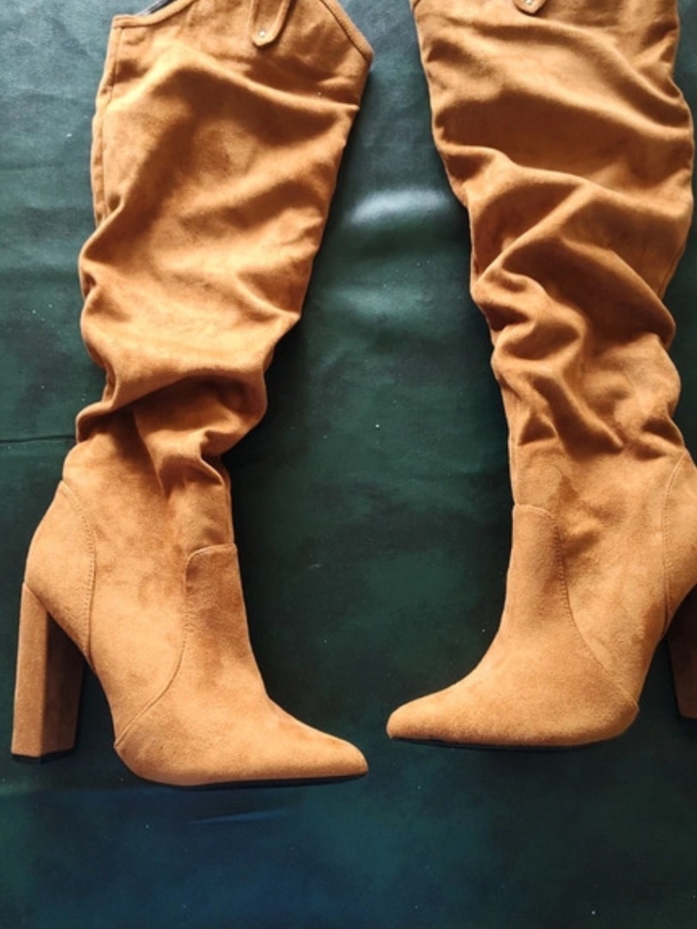 Women's Faux Suede Pointed Toe Block Heel Boot in Tan